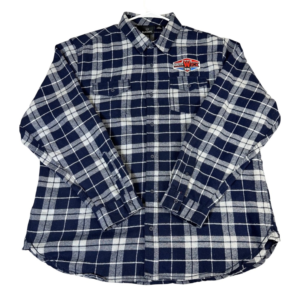 Burnside Mens 2XL Navy Blue Grey Plaid Flannel Shirt Southwick 338 Patch L/S